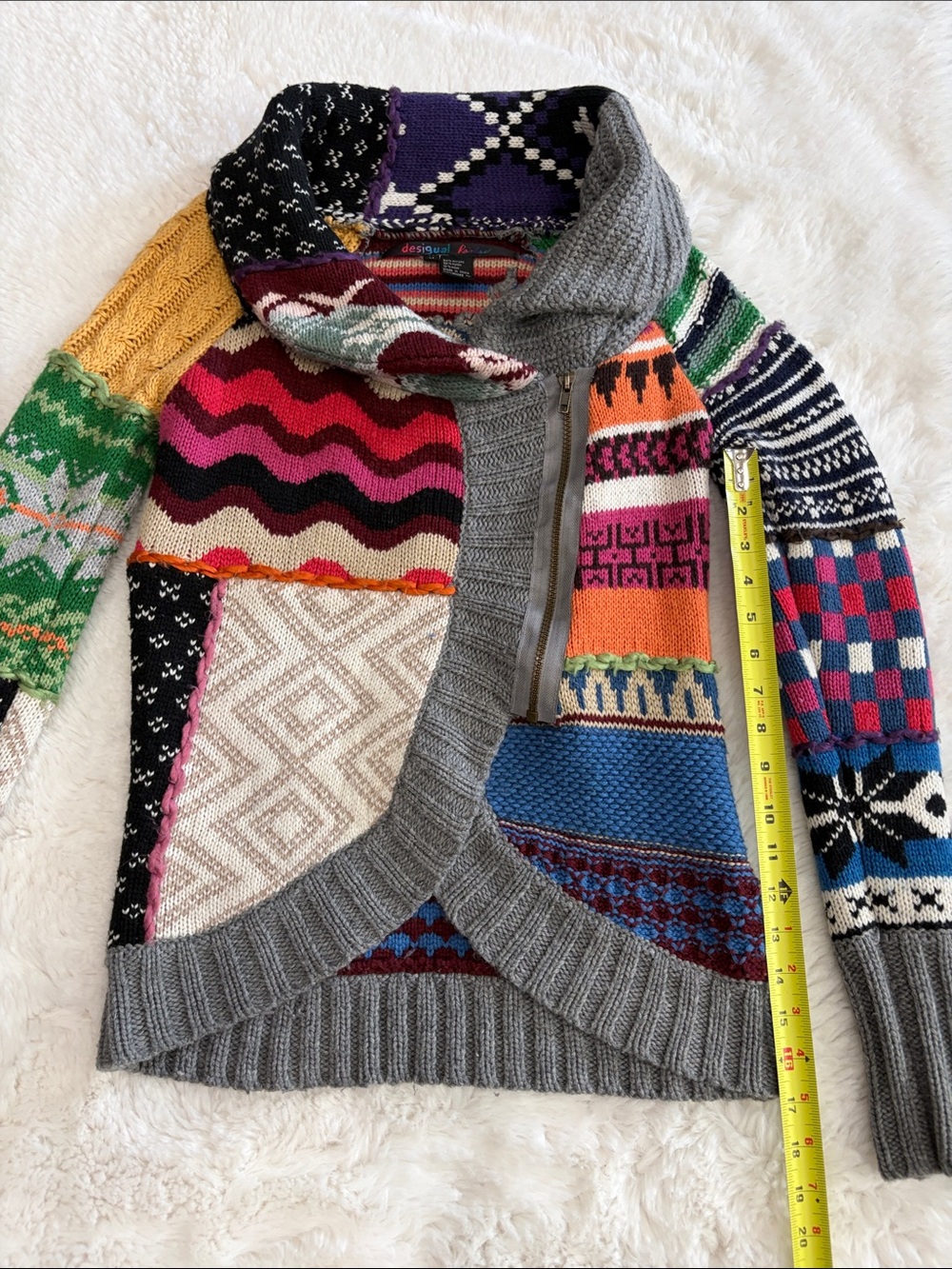 Desigual Multicolor Patchwork Zip-Up Sweater with Gray Trim,Size M. - Picture 13 of 17